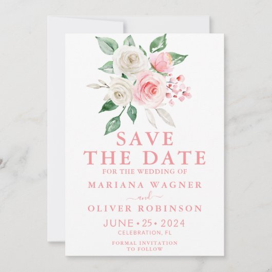 Sparen de Datum Roze Perzikwitte Waterverf Floral Kaart (Voorkant)