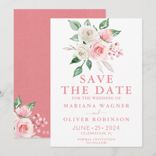 Sparen de Datum Roze Perzikwitte Waterverf Floral Kaart (Voorkant / Achterkant)