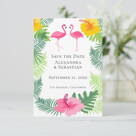 Sparen de Datum Roze Tropische Weddenschap Flaming Save The Date (Staand voorkant)