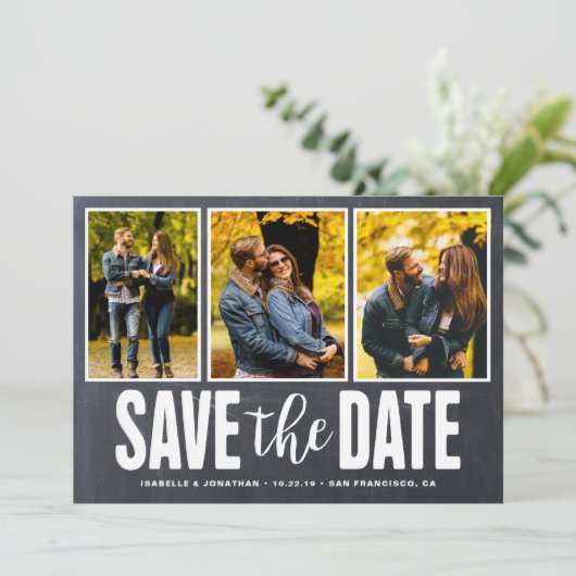 Sparen de Datum Rustic Chalkboard 3 Foto Collage Save The Date (Staand voorkant)