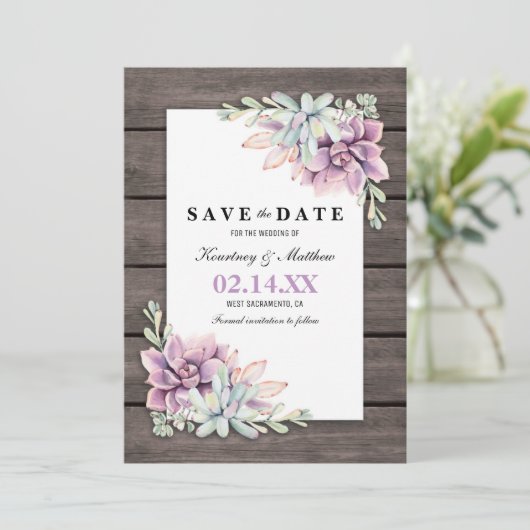 Sparen de Datum Rustic Garden Succulent Floral Save The Date (Staand voorkant)