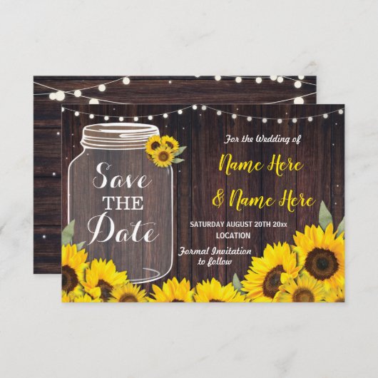 Sparen de Datum Rustic Jar Sunflower Save The Date (Voorkant / Achterkant)