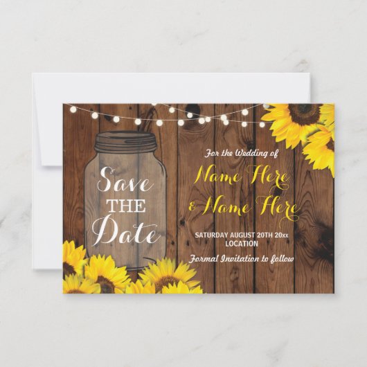 Sparen de Datum Rustic Jar Wood Sunflower Save The Date (Voorkant)