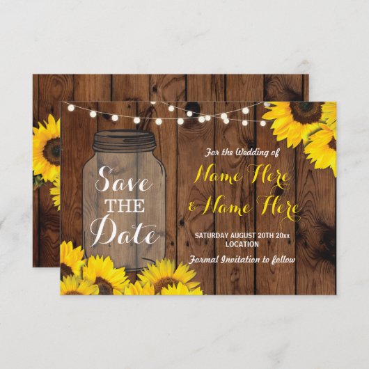 Sparen de Datum Rustic Jar Wood Sunflower Save The Date (Voorkant / Achterkant)