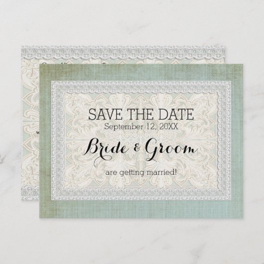 Sparen de Datum Rustic Lace w Aged  Linen Aankondigingskaart (Voorkant / Achterkant)