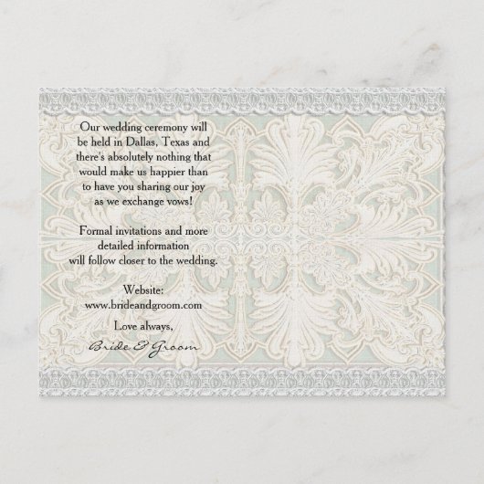 Sparen de Datum Rustic Lace w Aged  Linen Aankondigingskaart (Achterkant)