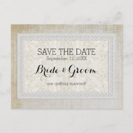 Sparen de Datum Rustic Lace w Aged Linen Aankondigingskaart