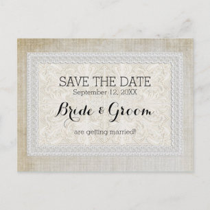 Sparen de Datum Rustic Lace w Aged  Linen Aankondigingskaart