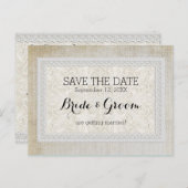 Sparen de Datum Rustic Lace w Aged  Linen Aankondigingskaart (Voorkant / Achterkant)