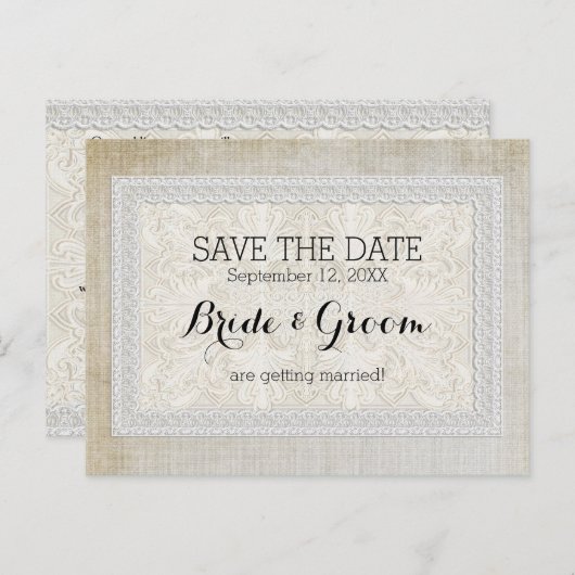Sparen de Datum Rustic Lace w Aged  Linen Aankondigingskaart (Voorkant / Achterkant)