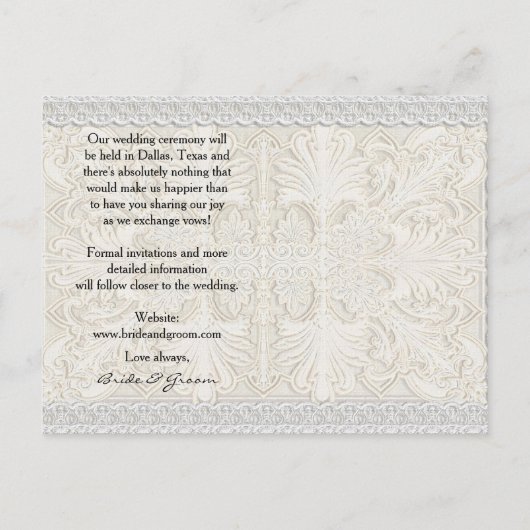 Sparen de Datum Rustic Lace w Aged  Linen Aankondigingskaart (Achterkant)