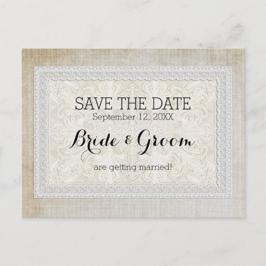 Sparen de Datum Rustic Lace w Aged  Linen Aankondigingskaart (Voorkant)