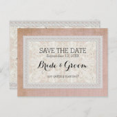 Sparen de Datum Rustic Lace w Aged Linen Aankondigingskaart (Voorkant / Achterkant)