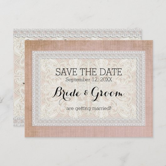 Sparen de Datum Rustic Lace w Aged Linen Aankondigingskaart (Voorkant / Achterkant)