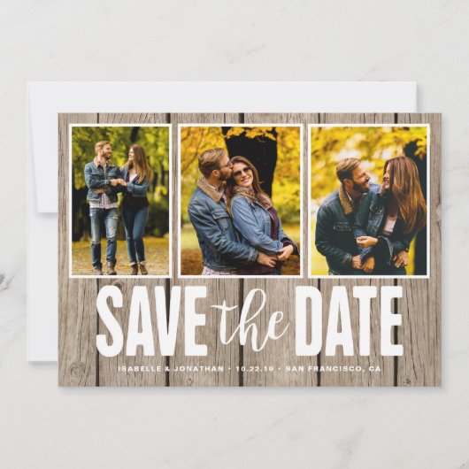 Sparen de Datum Rustic Light Wood 3 de Foto Collag Save The Date (Voorkant)