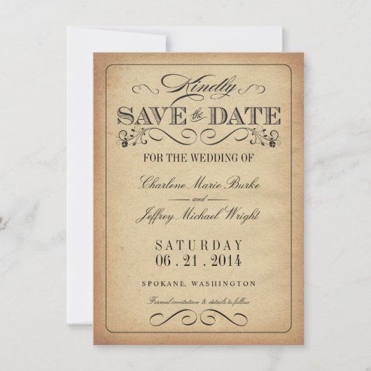 Sparen de Datum -  Rustic Parchment Save The Date (Voorkant)