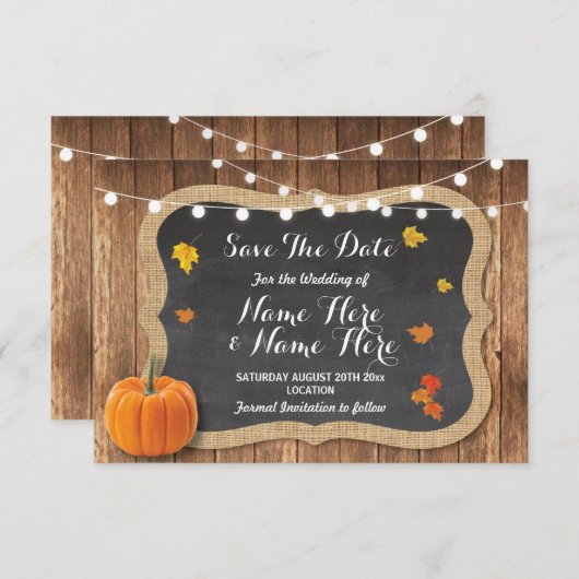 Sparen de Datum Rustic pomkin Licht Chalk Wood Save The Date (Voorkant / Achterkant)