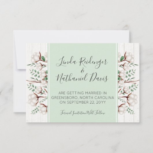 Sparen de Datum Rustic Southern Cotton Weduwfoto Kaart (Achterkant)