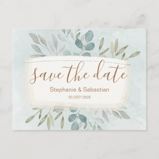 Sparen de Datum Rustic Waterverf Dusty Blauwe Aank Aankondigingskaart (Voorkant)