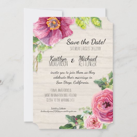 Sparen de Datum Rustic Waterverf Rozen Peony Save The Date (Voorkant)