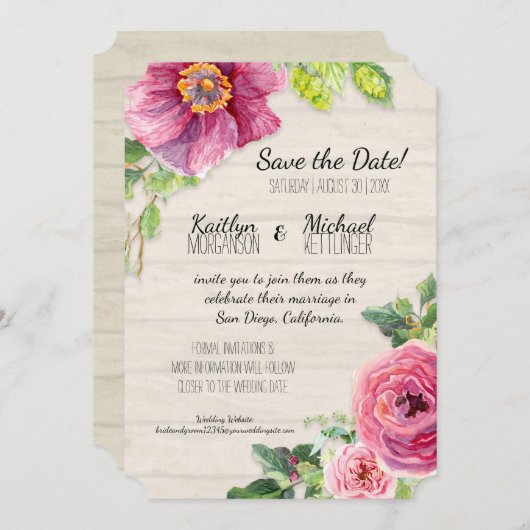Sparen de Datum Rustic Waterverf Rozen Peony Save The Date (Voorkant / Achterkant)