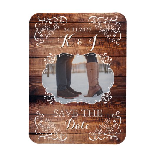 Sparen de Datum Rustic Woodland Wedding Foto Wood Magneet (Verticaal)