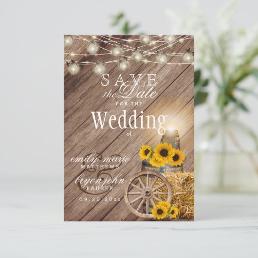 Sparen de Datum Rustige Hout Barrel - Zonnebloem Save The Date (Staand voorkant)