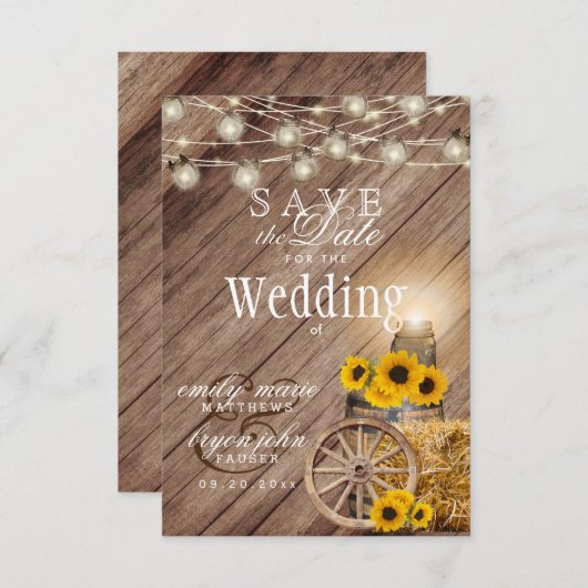 Sparen de Datum Rustige Hout Barrel - Zonnebloem Save The Date (Voorkant / Achterkant)