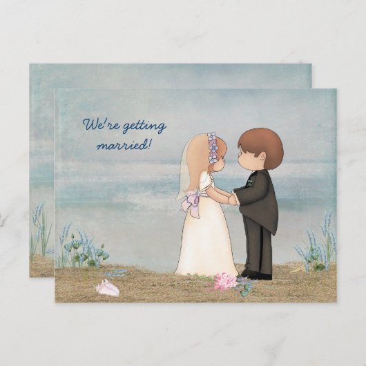 Sparen de Datum schattig stel op strand Aankondigingskaart (Voorkant / Achterkant)