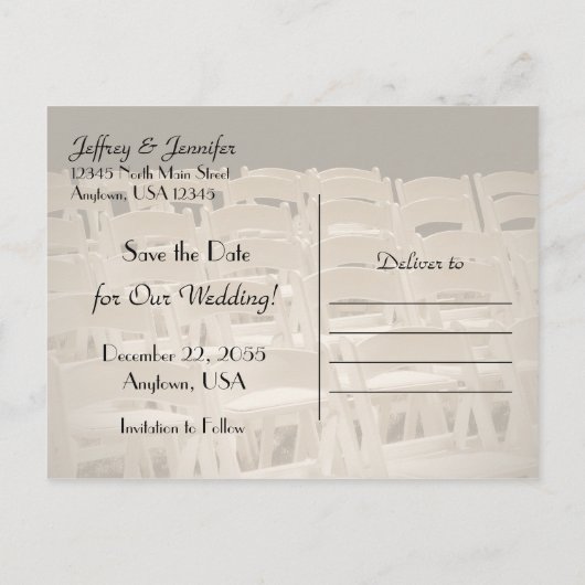 Sparen de Datum Sepia Wedding Chairs Aankondigingskaart (Achterkant)