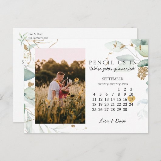 Sparen de Datum Sept 2022 Botanisch Elegant Gold P Briefkaart (Voorkant / Achterkant)