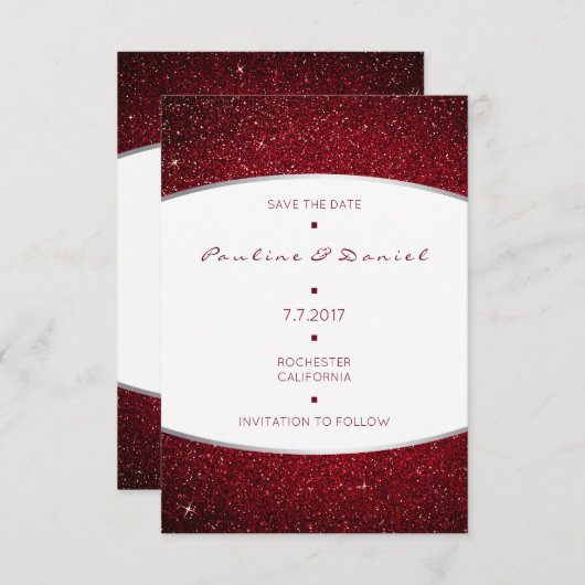 Sparen de Datum Silver Burgundy White Grey Glitter Save The Date (Voorkant / Achterkant)
