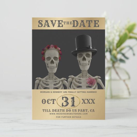 Sparen de Datum Skeletons Oktober Halloween Weddin Save The Date (Staand voorkant)