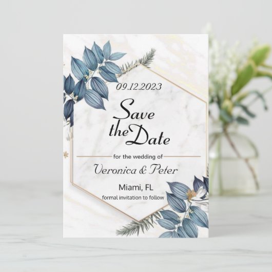 Sparen de datum stoffige blauwe bruiloft kaart (Staand voorkant)