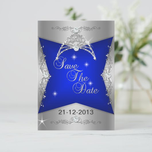 Sparen de Datum Sweet 16 Blauwe Zilver Tiara Save The Date (Staand voorkant)