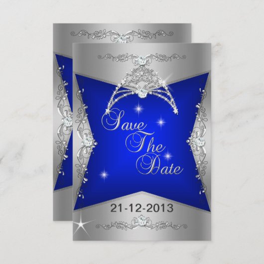 Sparen de Datum Sweet 16 Blauwe Zilver Tiara Save The Date (Voorkant / Achterkant)