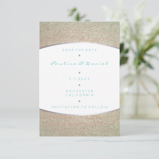 Sparen de Datum Tiffany Ocean Aqua Silver Roos Gol Save The Date (Staand voorkant)