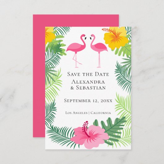 Sparen de Datum Tropische Roze bruiloft van het Fl Save The Date (Voorkant / Achterkant)