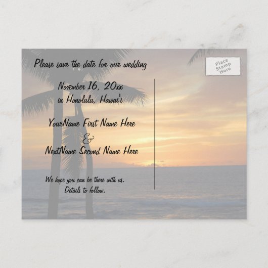 Sparen de Datum Tropische Weddenschap Aankondigingskaart (Achterkant)