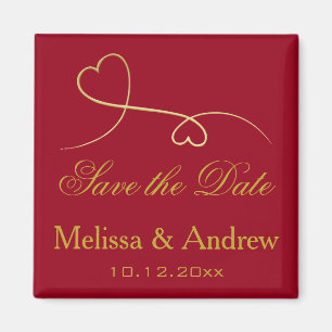 Sparen de Datum Twee Elegant Gold Hearts Rood Wedd Magneet