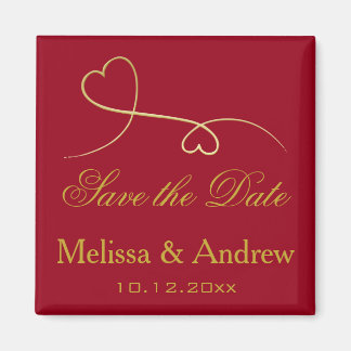 Sparen de Datum Twee Elegant Gold Hearts Rood Wedd Magneet