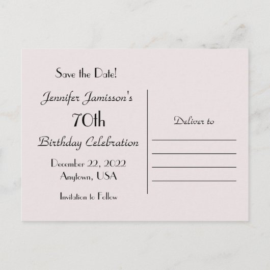 Sparen de Datum van de 70e Bleke Roze van de Parti Aankondigingskaart (Achterkant)