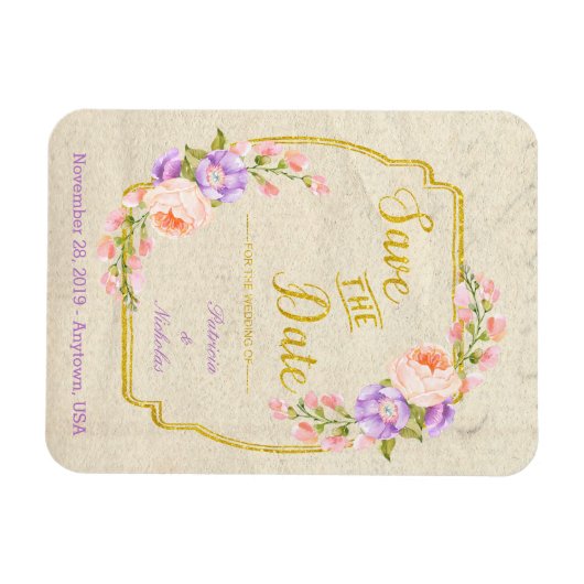 Sparen de Datum van de Berichten Floral en Goud Magneet (Horizontaal)