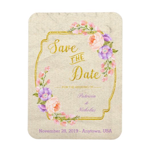 Sparen de Datum van de Berichten Floral en Goud Magneet (Verticaal)