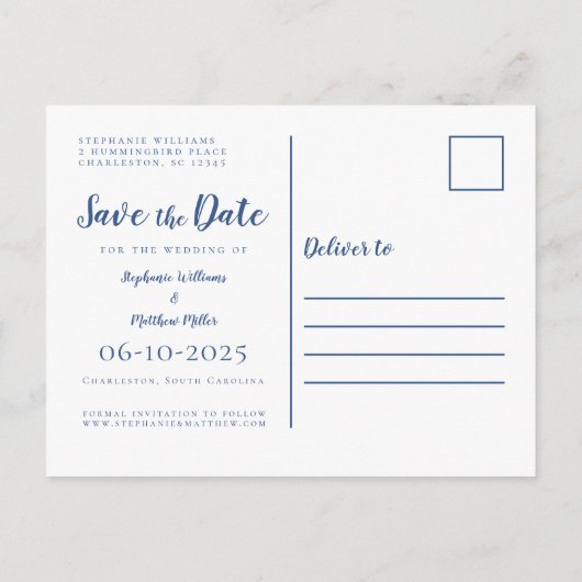 Sparen de Datum van de BerichtenFoto Blauw & Witte Aankondigingskaart (Achterkant)