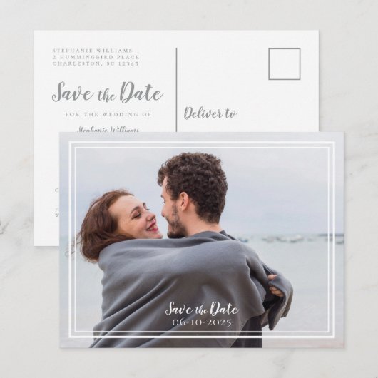 Sparen de Datum van de Bieden Foto Grijs & Witte M Aankondigingskaart (Voorkant / Achterkant)