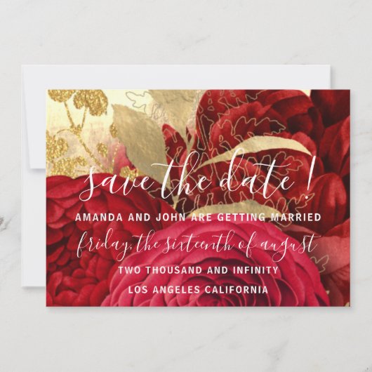 Sparen de Datum van de Bonden Floral Gold Red Rose Save The Date (Voorkant)