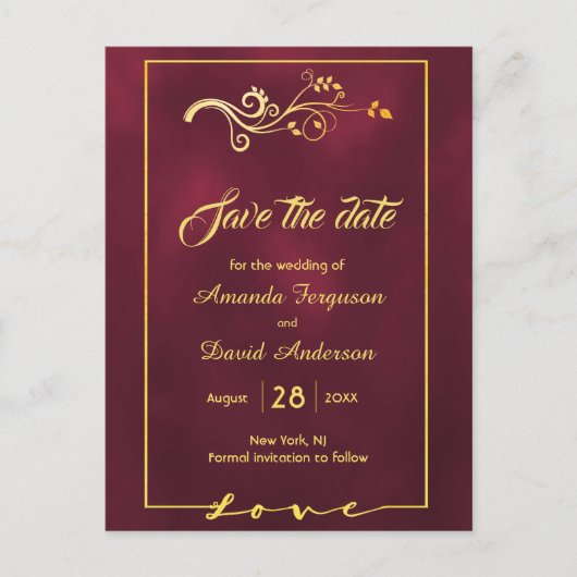 Sparen de datum van de bruine gouden decor bruilof aankondigingskaart (Voorkant)