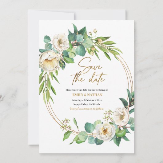 Sparen de datum van de Goud en de Witte Aannodigin Kaart (Voorkant)