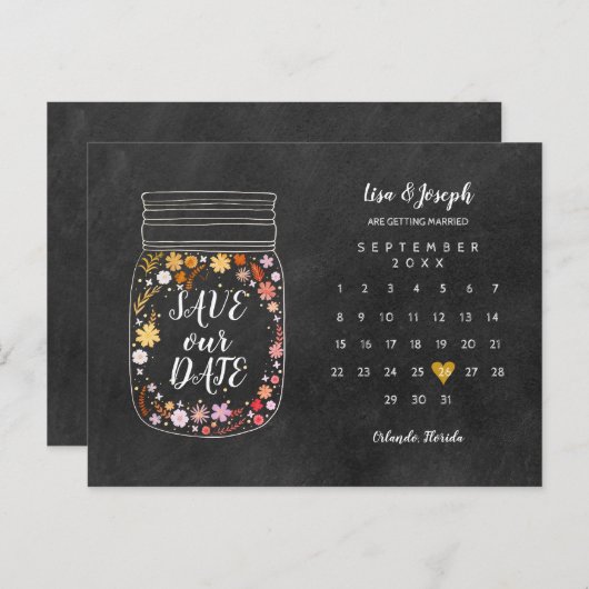 Sparen de Datum van de Kalender het Hart Mason Jar Briefkaart (Voorkant / Achterkant)
